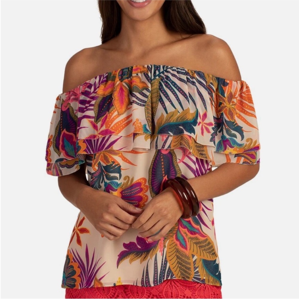 Trina Turk Cream Floral Off-Shoulder Ruffle Top